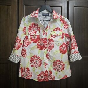 Jones New York Womens Flip Cuff Button Up Shirt Cotton Floral Stripes Medium‎